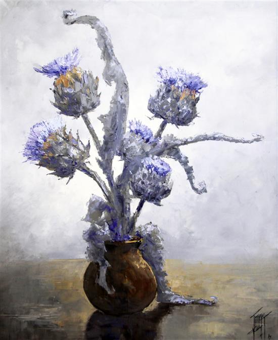 Robert Josset, oil, Les artichauts en fleur and Violettes